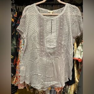 Meadow Rue ANTHROPOLOGIE Sheer Silk Swiss Dots Grassland Blouse Silver Fog Sz L